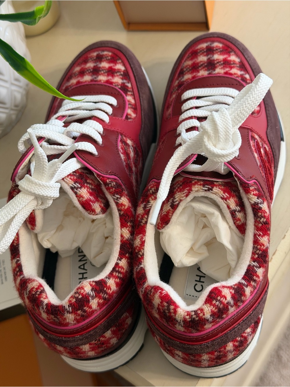 CHANEL Women Red Tweed & Leather Lace-Up Sneakers